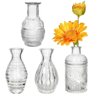 Deko Glas Kleine Vasen Set, 4 Stück Tischdeko Hochzeit, Mini Tisch Vintage Vase, Konfirmation Kleine Vasen für Tischdeko, Vintage Flaschen, Blumenvase Geburtstag, Wedding Decoration