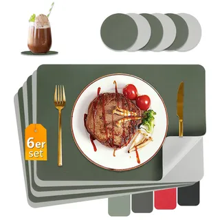 HELI MIAO Tischsets Abwaschbar,Platzsets Abwischbar,Tischset Leder,Hitzebeständig Doppelseitigen I 6er Set Platzdeckchen Lederoptik mit Untersetzer,Tischuntersetzer,Platzdecken(Olivgrün Grau)