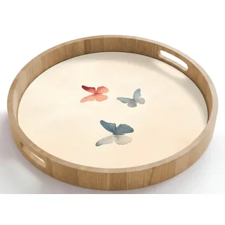 OnlyWow Tablett Rund mit Henkel Schmetterlinge - Minimalistisch - Rosa, Eichenholz, (1-tlg), Servierbrett Groß, Tischdeko, Platte, Tisch Deko 50 cm x 50 cm x 5 cm