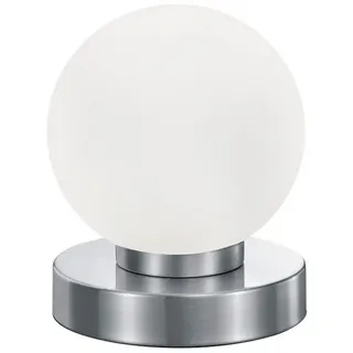 Reality Leuchten LED Nachttischlampe, Dimmfunktion, LED wechselbar, Warmweiß, kleine Bauhaus Lampe touch dimmbar Glas-kugel Lampenschirm Weiß Ø 12cm silberfarben