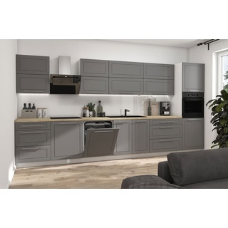 Küchenzeile KVANTUM Arbeitsplatte 400cm Hochfaltklappe weiß MDF dust grey matt Teilauszug