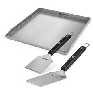 BURNHARD® Edelstahl Plancha Set Fred 41,5 x 40,0 cm mit 2-tlg | Grillspachtel und Grillschaber Set