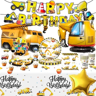 CSYY Baustelle Geburtstag Deko Set, 90 PCS Partygeschirr Kindergeburtstag für 20 Gäste mit Große Bagger Folienballon Partyzubehörset Konstruktion Tortenstecker Pappteller Tassen Servietten Tischdecke