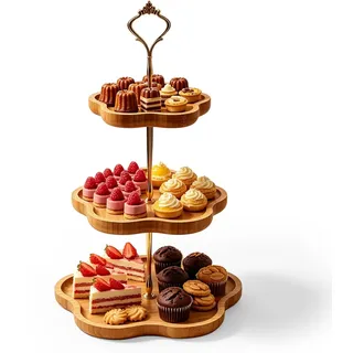 Etagere 3 Etagen Aus Holz, 3-Stöckiger Kuchenständer, Cupcake Ständer Holz, Ø19,5cm Ø24.5cm Ø30,5cm, Holz Etagere Mit 3 Ebenen Und Blumenform Design Für Cupcakes, Desserts,Party, Zuhause, Geburtstag