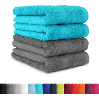 BaSaTex Frottee Handtuch, 4er Pack, 50x100 cm, Anthrazit Türkis | 100% Baumwolle, Öko-Tex Made in Green, Aufhängeschlaufe, 500gm2, langlebig & saugstark
