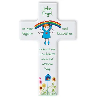 Fritz Cox Kinderkreuz aus Holz Regenbogen-Engel | Holzkreuz weiß| tolles Geschenk zur Taufe und zum Geburtstag | Lieber Engel sei mein Begleiter | für Jungen & Mädchen | 15 cm