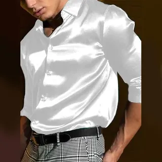 Volakebeing Herren-Satin-Kleid-Hemd, langärmelig, lässig, Knopfleiste, schmale Passform, für elegante Hemden für Hochzeit, Party, Urlaub, Club, Nacht, Weiß, Schwarz, Marineblau, Weinrot, Braun, Grün