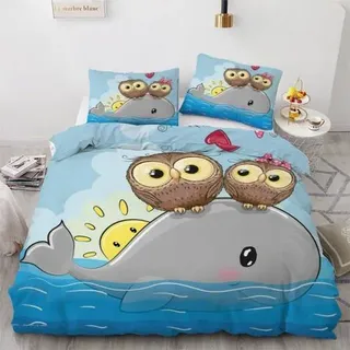 Bettwäsche-Set 155x220cm 3teilig Mikrofaser Eule Wal 3D Motiv