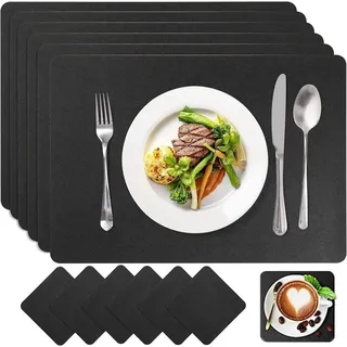 LuxusKollektion Küchenorganizer-Set Premium Tischset Leder-Imitat Schwarz 6 Platzsets Glas Untersetzer
