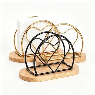 3 Stück Serviettenhalter, Herzförmiger Metall Holz Serviettenständer | Servietten Halterun Holzsockel, Partys Esstisch Tischdekoration für Partys Esstisch Tischdekoration (2 goldene + 1 schwarze)