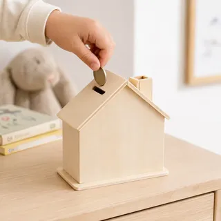 Spardose Haus Kiefernholz 10 cm – mit Schloss & Schlüssel