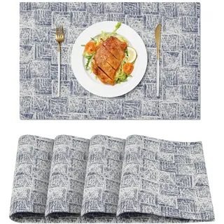 fanquare Blau Leinentyp Gewebte Platzsets Abwaschbar 4er Set,46x30cm Stoff Tischsets Geflochten,Hitzebeständig Doppelseitigen Platzdeckchen für Tisch Küche Essen