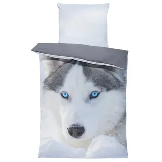 One Home Bettwäsche Husky, Mikrofaser, 4 teilig, Schnee Hunde Wendebettwäsche grau