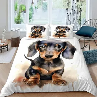 Generisch Bettwäsche 135x200 cm 3 Teilig Mikrofaser Bedding Bettbezug 135x200 Bettwäsche-Sets Hund Haustier Dackel Jagdhund Muster Bettbezüge + 2 Kissenbezug 80x80 Mit Reißverschluss Eckbinder Halten