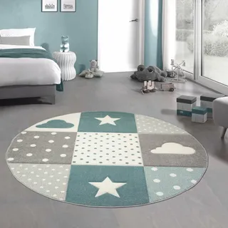 CARPETIA Kinderteppich Kinderzimmerteppich Babyteppich Junge Stern Wolke in blau hellblau türkis Größe 120 cm Rund