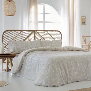 Bettbezug aus 100 % Bio-Baumwolle, 144 Fäden, Batan, Beige, wendbar, für Betten mit 150 x 190/200 cm, Bettbezug 240 x 220 cm, 2 Kissenbezüge + Spannbettlaken 150 x 190 / 200 cm, Knopfverschluss Gots