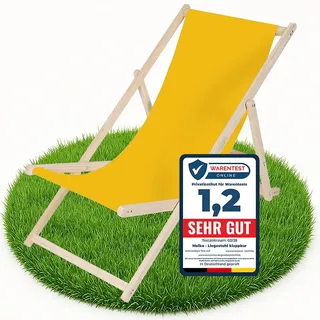 Melko Strandstuhl Liegestuhl klappbar 3-Fach verstellbar Gelb Faltliege | Sonnenliege mit waschbarem Polyesterbezug, Gestell aus Kiefernholz, Sicherung gegen Zusammenklappen, nur ca. 3,5 kg leicht