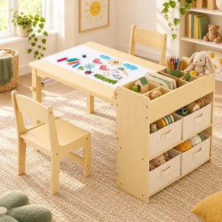 Clevich Kindertisch mit 2 Stühlen Kindertisch mit Stauraum Kinder Tisch Stuhl Set Holz Maltisch Schreibtisch mit Papierrolle und 4 Aufbewahrungskiste Kindersitzgruppe für Kinderzimmer Gelb