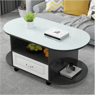 SORVA Beistelltisch Ovaler Couchtisch Mit Rollen, 3-Stufiger Mit Ablagefach und Schublade, Moderner Für Wohnzimmer, Moderne Design-Wohnmöbel, 31,5X