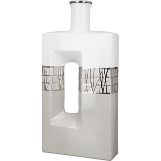 GILDE Dekovase - Keramik Vase mit Loch - Deko Wohnzimmer Geschenk für Frauen Geburtstag Muttertag - Farbe: Taupe weiß Silber Höhe 37,5 cm