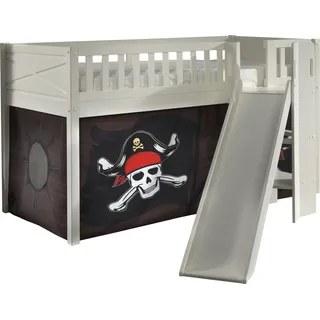 Vipack Hochbett Scott 90 x 200 cm Kiefer massiv weiß lackiert mit Rutsch-/Leiterturm und Vorhang Pirat