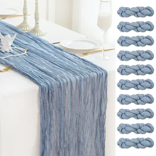 Sioloc 10 Stück Staubiges Blau Mulltuch Tischläufer 90x300 cm Boho Gaze Läufer für Herbstdeko, Hochzeit, Party, Baby Bridal Shower, Geburtstags Tischdekoration