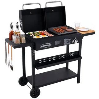 HOMAVO Gasgrill 2-in-1 Gas- & Holzkohlegrill, BxTxH: 130×43×92,8 cm, inkl. Flaschenöffner + Haken + Montagewerkzeugsatz schwarz
