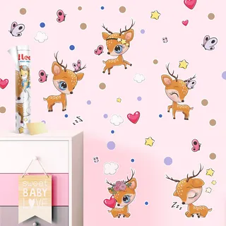 Hi!Leon® 2x [100x60cm] phantasieanregende Bambi Wandsticker Kinderzimmer Mädchen, wiederablösbares Wandtattoo Babyzimmer Deko, Wandaufkleber Kinderzimmer, Wandtattoo Waldtiere - Rehe, Schmetterling