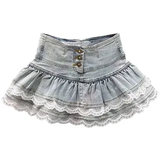 Bemvp Jeansrock Falten Und Spitzensaum, A-Linien-kurzrock, Rüschenrock Lagenmuster Für Party, Club, Sommer, Strand, Freizeit Und Alltag