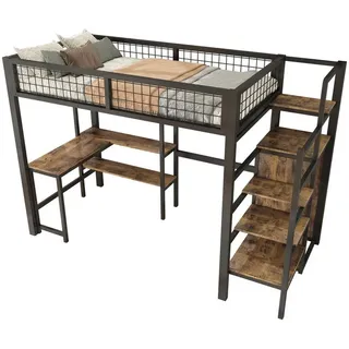 SOFTWEARY Hochbett mit Schreibtisch und Regal (90x200 cm) Metallbett mit Rausfallschutz, Jugendbett schwarz