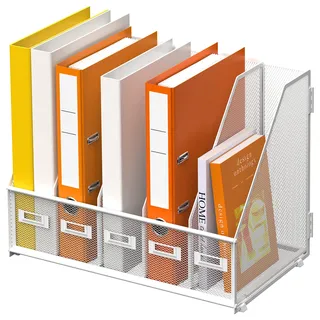 DALTACK Schreibtisch-Organizer, Zeitschriftenordner mit 5 vertikalen Fächern, Aktenordner für Büro, Zuhause, Schule, Organisation, Metallnetz, Weiß