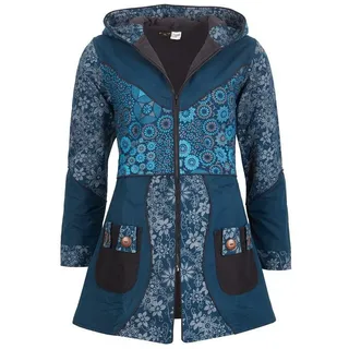 KUNST UND MAGIE Langjacke Kunst und Magie Damenmantel + Kapuze Blumenmuster Jacke Baumwolle Boho blau 46