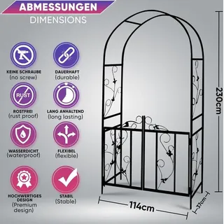 Rosenbogen aus Metall Mit Tür Tor in Schwarz 230 x 37 x 114 (HxTxB), Rankhilfe mit Verzierung, Rosen Spalier, Rostfrei, für Garten DF-28KD - Schwarz