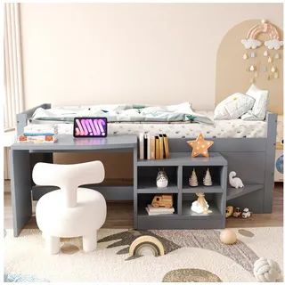 STILVORA Kinderbett 90×200 Hochbett mit Staufächern Schreibtisch und Steckdosen Grau (Jugendbett mit eingebaute Stauschränke, Für den Zugang zum Bett eine Stufe an der Vorderseite), Drei-in-Eins-Design Schreibtisch, Staufächer und eine Leiter