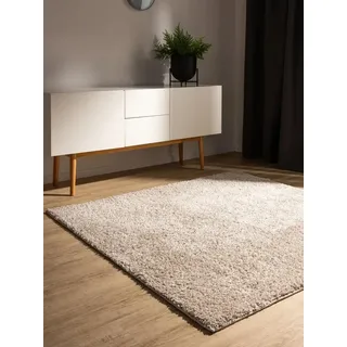 benuta Hochflor-Teppich Soho, quadratisch, Höhe: 31 mm, Teppich Wohnzimmer, Schlafzimmer, Esszimmer, Rutschfest, Waschbar beige|weiß quadratisch | 200 cm x 200 cm x 31 mm