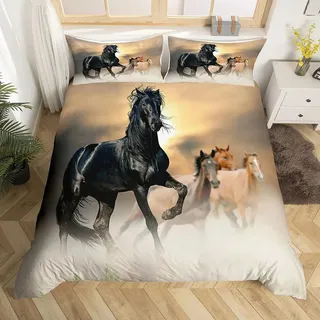 Pferde Motiv Bettbezug,Das laufende Pferd Motiv Kinder Bettwäsche Set,3D-Druck Tiere Pferd Motiv Bettbezug für Kinder, Jungen, Jugendlich mit Reißverschluss und Kissenbezug (Schwarz2, 135×200cm)