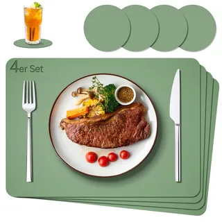 IKWOLETI Tischsets Abwaschbar mit Untersetzer - 4er Set Platzsets Abwaschbar aus Kunstleder - Doppelseitige Platzdeckchen in Lederoptik - Ideal für Küche und Büro Grün