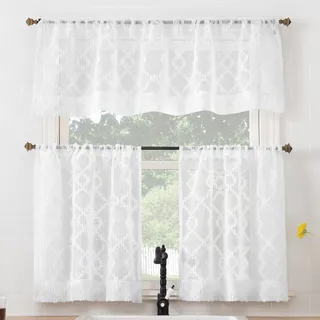 No. 918 Tina Geometrische Küchenvorhang-Set, halbtransparent, mit Stangentasche, Volant und Etagen, 137,2 x 91,4 cm, Weiß