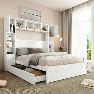 Merax Doppelbett, hohes Bett mit zwei Anti-Kipp-Schnallen, Flaches Bett mit 4 Schubladen, mit mittlerem Stützkiel, Weiß, 140x200cm