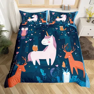 Homewish Cartoon Rosa Einhorn Bettwäsche Kawaii Eule Sikahirsch Bettbezug Set 135x200cm für Prinzessin Jungen Mädchen Kinder Jugendliche,Liebe Pflanzen Blumen Tiere Muster Bettwäscheset Raumdekor