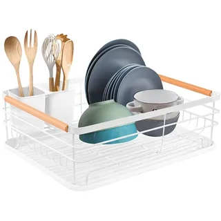 ARATERVIO Premium Abtropfgestell für Geschirr mit Besteckhalter - 42x32.5x14 cm Edelstahl Geschirrkorb mit Abnehmbarer Kunststoff-Abtropfschale - Rostfrei & Platzsparend für Küchenspüle (Weiß)