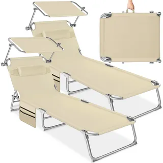 tectake® 2er Set Sonnenliege klappbar und tragbar, Liege mit Seitentasche, Strandliege, Gartenliege mit Dach, Liegestuhl mit Verstellbarer Rückenlehne, Kopfkissen - für Balkon, Terrasse (beige)