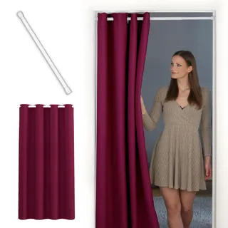 tinycurtains, Türvorhang mit Teleskopstange, einfache Montage in nur 1 Minute ohne Bohren (Türgardine beeriges rot H210 x B150 cm + Stange weiß B70-120 cm)