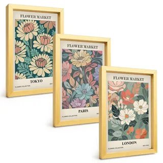 BILDER SET 3er Set - 20x30 cm Goldrahmen - Blumenposter Tokio Paris London