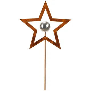 Gartenstecker Stern mit Edelrost und silberner Kugel Weihnachten Stab Höhe 118cm