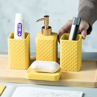 YUNM Bad-Accessoires-Set Edles Stilvolles, Keramik Bad Zubehör Set, Mit Seifenspender, Seifenschale Und Zahnputzbecher, Badezimmer Zubehör Set Gelb