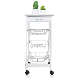 DRULINE Servierwagen Beistellwagen, Weiß, 37x37x76 cm | Multifunktionaler Küchentrolley mit 3 Ebenen, Mobiler Rollwagen aus Holz, Ideal für Küche, Büro, Bad, Aufbewahrungswagen