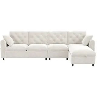 OKWISH Ecksofa 281x132x86 mit Stauraum Schlaffunktion L-Form Schlafsofa modern Samt Sofa Wohnlandschaft mit Seitentasche robust Beige