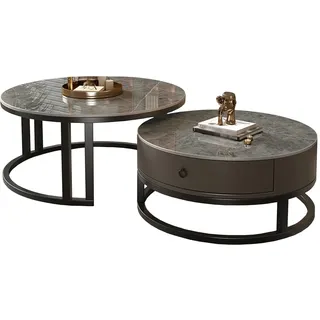 SCBTGKLN Satztisch-Couchtisch, 2er-Set, Wohnzimmertisch Rund mit Schublade, Moderner Beistelltisch mit Metallrahmen-Akzent, Couchtische for Wohnzimmer, Wohnung(Gray)