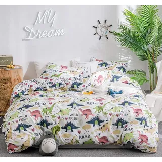 【Neueste】GETIYA 2 Teilige Kinder Bettwäsche 135x200 Cartoon Dinosaurier Bettwäsche für Jungen Mädchen Weiß Bettwäsche Set mit Bunter Dino Muster Bettbezug Set mit Reißverschluss und Kissenbezug 80x80